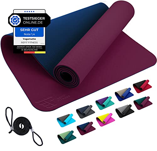 REFIT FITNESS Yoga Matte Perfect-Fit 190 x 60 x 0,6 cm Aubergine Blau GeckoGrip Sensi-Plus TPE Yogamatte Rutschfest Schadstofffrei Tragegurt Sportmatte Fitnessmatte Gymnastik Sport Pilates von REFIT FITNESS