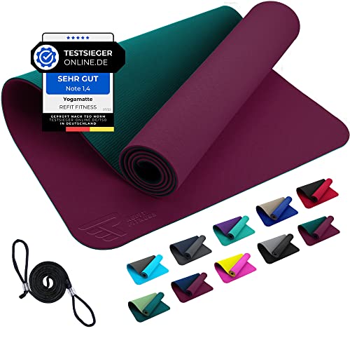 REFIT FITNESS Yoga Matte Perfect-Fit 190 x 60 x 0,6 cm Aubergine Moosgrün GeckoGrip Sensi-Plus TPE Yogamatte Rutschfest Schadstofffrei Tragegurt Sportmatte Fitnessmatte Gymnastik Sport Pilates von REFIT FITNESS