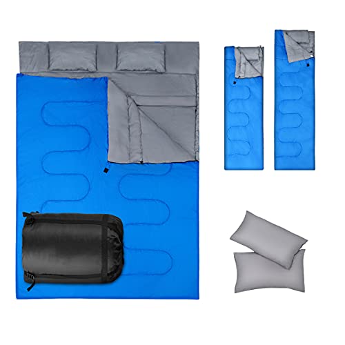 RELAX4LIFE Doppel Schlafsack für 1 oder 2 Personen, multifunktionaler Deckenschlafsack, Einzelschlafsack mit 2 Kopfkissen & Tragetasche, wasserdichter Sommerschlafsack Drinnen & Draußen (Blau) von RELAX4LIFE