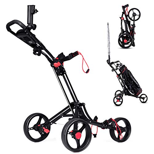 RELAX4LIFE Golfwagen mit 3 Rädern, Faltbarer Golftrolley aus Aluminium, Golf Push Cart mit Regenschirmrohr & Schirmhalter, Schiebewagen mit Anzeigetafel, Golfball Set mit verstellbarem Griff, schwarz von RELAX4LIFE