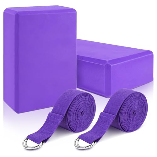 RETON Yoga Blöcke 2er Set mit Gurt, Hochdichter Lila Yoga Block, Leichter EVA-Schaumstein Yoga Pilates Blöcke, Anti-Rutsch-Yoga-Block mit 2 Yoga-Gurten zum Dehnen, Verbesserung von Kraft und Flex von RETON