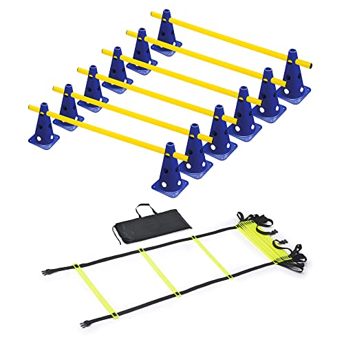 RHINOS sports Agility Trainings-Set | Koordinationsleiter 4m inkl. Tasche + Steckhürdenset 6er | 12 Blaue Kegel: 22,5cm | 6 gelbe Stangen: 1m von RHINOS sports