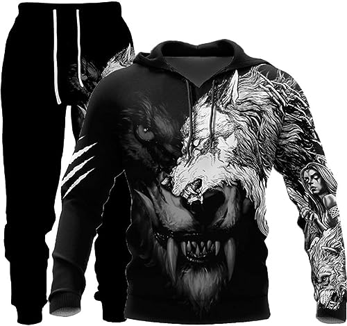 3D Herren Wolf Druck Trainingsanzug Männer 3D Printed Jogginganzug Hoodie Tops Hosen Sets Sport Anzug (2XL,A5) von RIAAJ