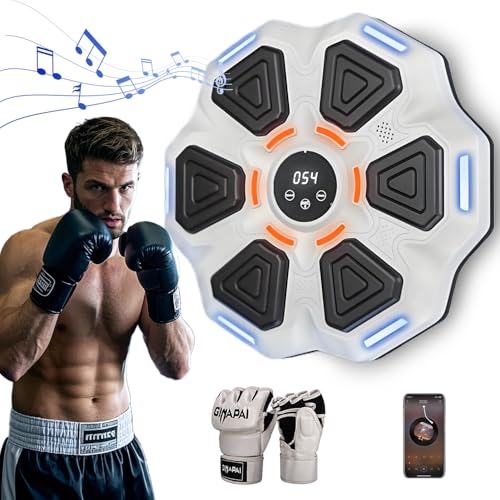 RIDEONMOP Musik-Boxmaschine für Erwachsene Kinder, Boxtrainingsmaschine mit Boxhandschuhen, einstellbare Geschwindigkeit & Modus Wand-Boxgerät, Boxing Target Workout Equipment,Weiß,A von RIDEONMOP