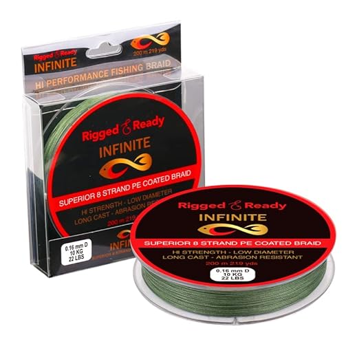 Rigged and Ready Infinite Hi-Performance Fishing Braid-22lb 10kg PE-beschichtete Schnur-200m. Geflochten, 8 Stränge, geringer Durchmesser, Keine Dehnung, Langer Wurf, Abriebfest, schnell sinkend. Rigged and Ready Infinite Hi-Performance Fishing Braid-22lb 10kg PE-beschichtete Schnur-200m. Geflochten, 8 Stränge, geringer Durchmesser, Keine Dehnung, Langer Wurf, Abriebfest, schnell sinkend. von RIGGED & READY TRAVEL FISHING