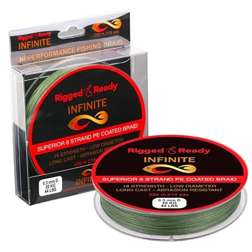 Rigged and Ready Infinite Hi-Performance Fishing Braid-44lb 20kg PE-beschichtete Schnur-200m. Geflochten, 8 Stränge, geringer Durchmesser, Keine Dehnung, Langer Wurf, Abriebfest, schnell sinkend. Rigged and Ready Infinite Hi-Performance Fishing Braid-44lb 20kg PE-beschichtete Schnur-200m. Geflochten, 8 Stränge, geringer Durchmesser, Keine Dehnung, Langer Wurf, Abriebfest, schnell sinkend. von RIGGED & READY TRAVEL FISHING