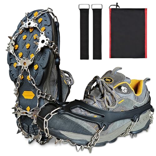 Eisgreifer für Schuhe und Stiefel – Verbesserte Steigeisen mit 28 Spikes – Eis-Schneegriffe Traktionsstollen für sicheres Gehen, Joggen und Wandern auf Schnee und Eis (XL) von RILOL