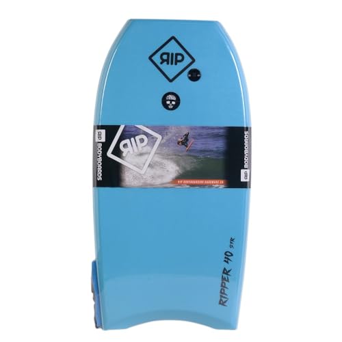 RIP Bodyboard – Ripper Stringer 40 + Flat Leash – 6 Farbkombinationen, CXLPE 4 mm Deck, Crescent Tail, Stringer aus Faser, 50/50 einfache Schiene – Lieferung mit Stecker, ideal für Anfänger (blau von RIP