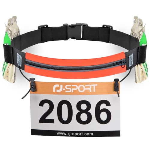 RJ-Sport Laufgürtel für Handy - wasserdichte Lauftasche, Sportgürtel Hüfttasche, Triathlon Startnummernband Laufgurt mit Bauchtasche & Verstellbarem Gummiband & Nummernhalter &6 Gel-Halter (Orange) von RJ-Sport