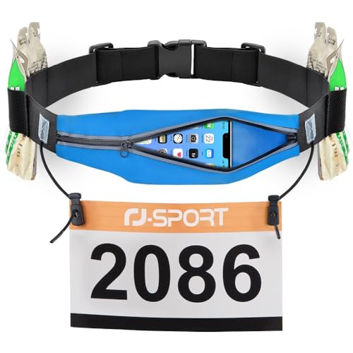 RJ-Sport Laufgürtel für Handy - wasserdichte Lauftasche, Sportgürtel Hüfttasche, Triathlon Startnummernband Laufgurt mit Bauchtasche & Verstellbarem Gummiband & Nummernhalter &6 Gel-Halter (Blau) von RJ-Sport