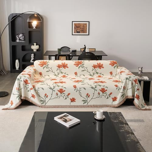 RJDJTTBD Chenille-Sofaüberwürfe, Magnolienmuster, Sofaüberwurf, Decke mit Quasten, atmungsaktiv, vielseitig einsetzbar, Überwürfe für Sofas, große Überwürfe für Schlafsofa und Wohnzimmer, 180 x 180 von RJDJTTBD