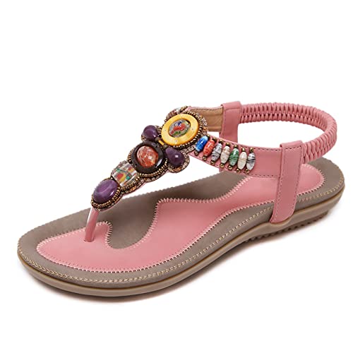 RJDJTTBD Damen-Sandalen, Bohemian-Stil, flach, elastisch, Knöchelriemen, bequem, Sommer, Strand, Flache Schuhe, Damen-Flip-Flops von RJDJTTBD