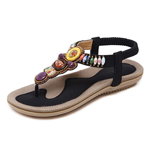 RJDJTTBD Damen-Sandalen, Bohemian-Stil, flach, elastisch, Knöchelriemen, bequem, Sommer, Strand, Flache Schuhe, Damen-Flip-Flops von RJDJTTBD