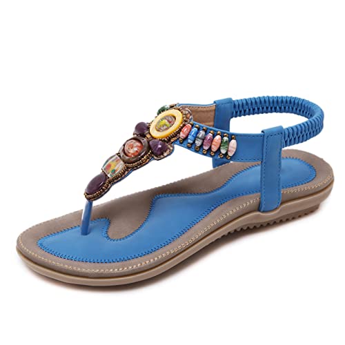 RJDJTTBD Damen-Sandalen, Bohemian-Stil, flach, elastisch, Knöchelriemen, bequem, Sommer, Strand, Flache Schuhe, Damen-Flip-Flops von RJDJTTBD