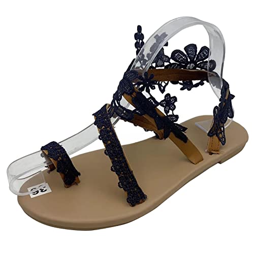 RJDJTTBD Damen-Sandalen, Flache Clip-Zehe, lässig, Spitze, Blumenmuster, Strand-Flip-Flop, Bequeme Schuhe, Sommer, eleganter Zehenring, römische Sandalen, bequemes Kleid von RJDJTTBD