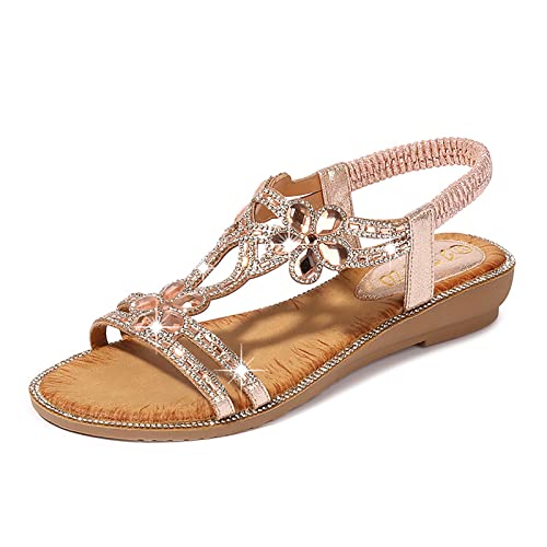 RJDJTTBD Damen Sandalen T-Riemen Blume Strass Flache Sandale Kleid Strandschuhe Böhmische Perlen Kristall Sandalen von RJDJTTBD