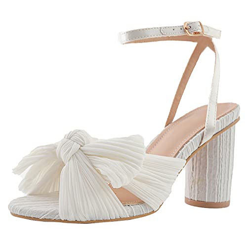 RJDJTTBD Damen-Sandalen mit Schleife, Knoten, Absatz, Braut, Hochzeit, offener Zehenbereich, Knöchelriemen, klobige Absätze für Party-Dressing von RJDJTTBD