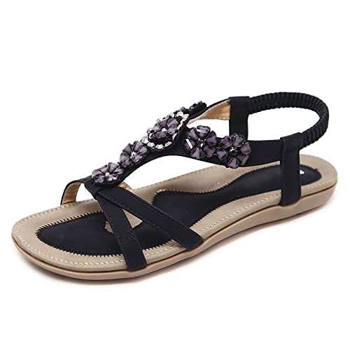 RJDJTTBD Damen-Sommersandalen, lässig, bequem, Strandschuhe, Knöchel, T-Riemen, Tanga, elastische Flache Sandalen für Damen von RJDJTTBD