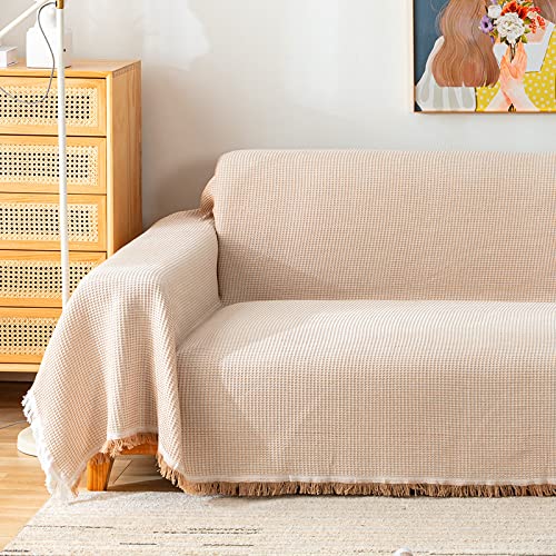 RJDJTTBD Extra große Überwurfdecke, Schlichte einfarbige Waben-Waffel-Sofa-Handtuch-Quasten-Überwürfe für Sofa, Bett, Stuhl, Couchtisch, Khaki, 230 x 250 cm von RJDJTTBD