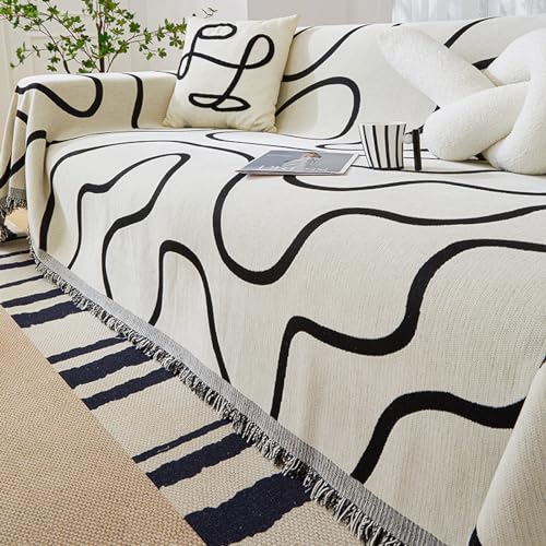 RJDJTTBD Extra große Überwurfdecke, abstraktes Linienmuster, Sofa-Handtuch, Chenille-Quasten, gewebte Überwürfe für Sofa, Bett, Stuhl, Couch, Tisch, Schwarz, 180 x 280 cm von RJDJTTBD