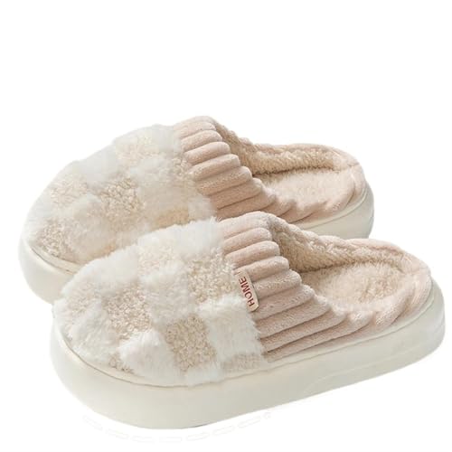 RJDJTTBD Fellhausschuhe für Damen und Herren, Winter, pelzige Baumwollschuhe, modisch, warme Knöchel, Plüsch, gemütliche Rutschen für Zuhause und drinnen, weiche Sohle (Beige, 34,5) von RJDJTTBD