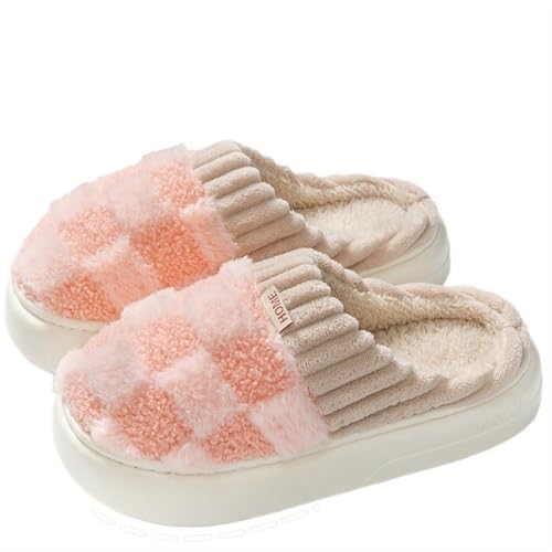 RJDJTTBD Fellhausschuhe für Damen und Herren, Winter, pelzige Baumwollschuhe, modisch, warme Knöchel, Plüsch, gemütliche Rutschen für Zuhause und drinnen, weiche Sohle (Rosa, 33,5) von RJDJTTBD