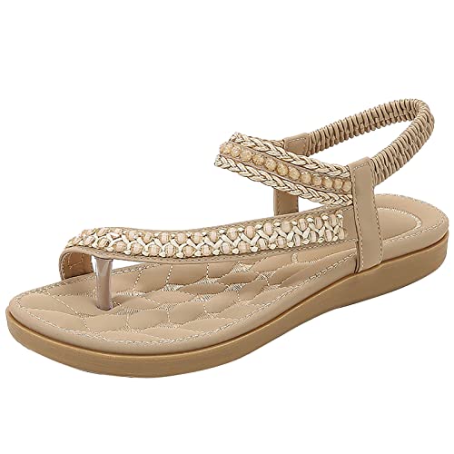 RJDJTTBD Flache Damen-Sandalen, Sommer-Gladiator, böhmische Kleidschuhe, Bequeme offene Zehen, elastische Knöchelriemen, Slip-on-Sandale von RJDJTTBD