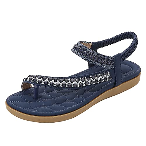 RJDJTTBD Flache Damen-Sandalen, Sommer-Gladiator, böhmische Kleidschuhe, Bequeme offene Zehen, elastische Knöchelriemen, Slip-on-Sandale von RJDJTTBD