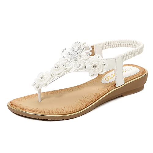 RJDJTTBD Flache Damen-Sandalen, Sommer-Gladiator, böhmische Perlen-Kleiderschuhe, Bequeme offene Zehen, elastische Knöchelriemen, Slip-on-Sandale von RJDJTTBD