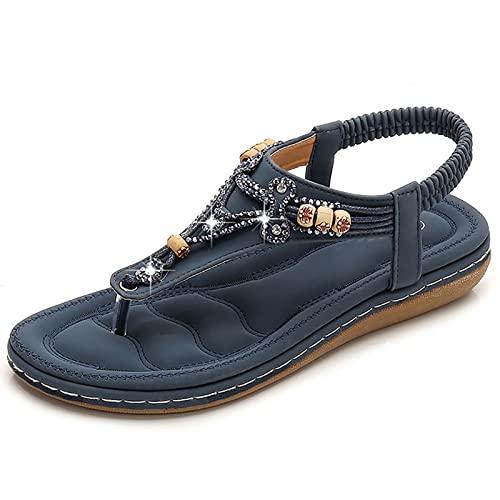 RJDJTTBD Flache Damen-Sandalen, Sommer-Gladiator, böhmische Perlen-Kleiderschuhe, Bequeme offene Zehen, elastische Knöchelriemen, Slip-on-Sandale von RJDJTTBD