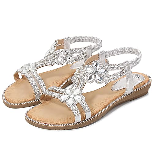 RJDJTTBD Flache Sandalen mit Blumen-Strasssteinen für Damen, Kleid, Strandschuhe, Flache Sommer-Böhmische, offene Zehen, elastische Knöchelriemen, Slip-on-Sandale von RJDJTTBD