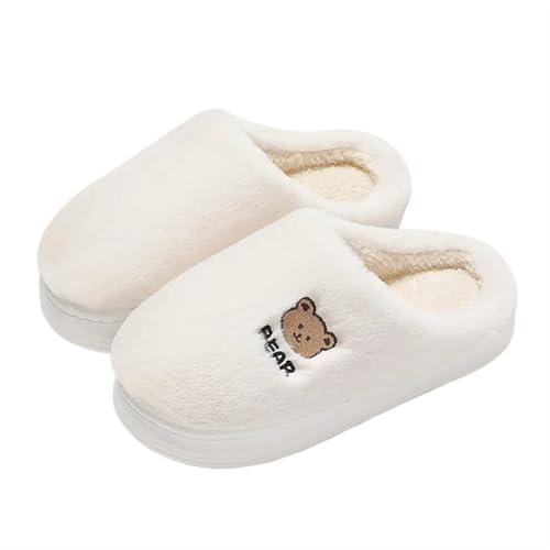 RJDJTTBD Hausschuhe für Paare, für den Winter, Damenschuhe, niedlicher Cartoon-Bär, pelzige Schuhe, Herren, warme Plüsch-Slipper für den Innenbereich, rutschfeste Bodenwohnungen (Beige, 38–39 (passend von RJDJTTBD