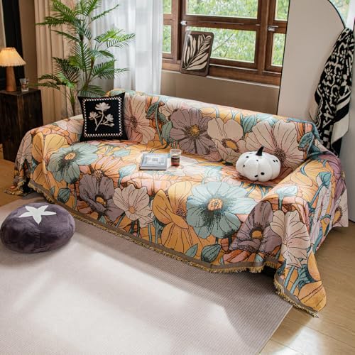 RJDJTTBD Sofaüberwürfe, große 3-Sitzer-Sofadecke mit gewebtem Blumenmuster und dekorativen Quasten, vielseitige Überwürfe für Sofas, große Überwürfe für Schlafsofa und Sessel, 180 x 300 cm, Blau von RJDJTTBD