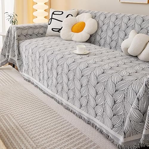 RJDJTTBD Überwürfe für Sofas, extra groß, botanisches Blumenblattmuster, Chenille-Überwurf, Decke mit Quasten für 2- und 3-Sitzer, gestrickter Überwurf für Sofa, Bett, Couch, Beige, 180 x 360 cm von RJDJTTBD