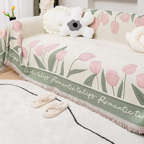 RJDJTTBD Überwürfe für Sofas, extra groß, weiße, einfache Tulpenblüten-Jacquard-Quasten, Überwurfdecken für 2-, 3- und 4-Sitzer, Chenille, vielseitiger Überwurf für Schlafsofa, rosa, 180 x 280 cm von RJDJTTBD