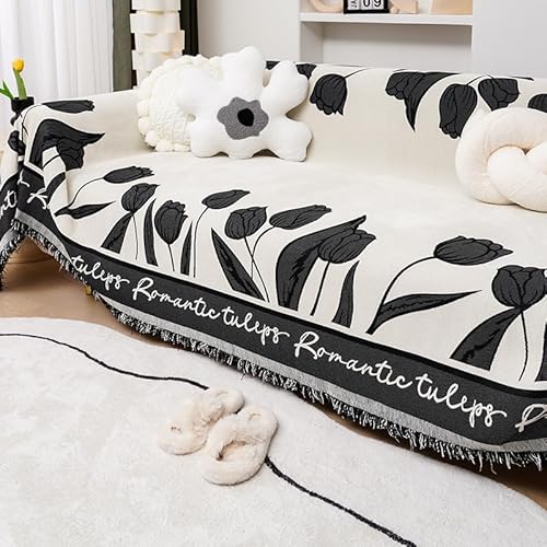 RJDJTTBD Überwürfe für Sofas, extra groß, weiße, einfache Tulpenblüten-Jacquard-Quasten, Überwurfdecken für 2-, 3- und 4-Sitzer, vielseitiger Chenille-Überwurf für Schlafsofa, schwarz, 180 x 320 cm von RJDJTTBD