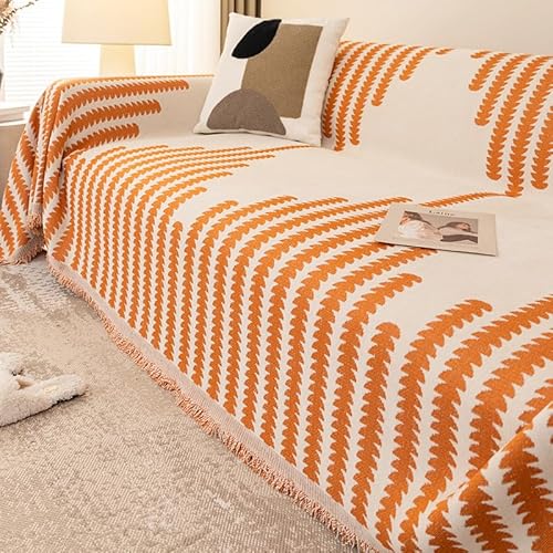 RJDJTTBD Überwürfe für Sofas, extra groß, weiße einfache geometrische Streifen, Sofadecke, Überwurf, Decken für 2-, 3-, 4-Sitzer, vielseitiger Chenille-Überwurf für Schlafsofa, Orange, 180 x 150 cm von RJDJTTBD