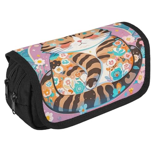 RKJVB Federmäppchen mit schlafender Katze, großes Fassungsvermögen, Stiftebox, Doppel-Reißverschluss, Aufbewahrungstasche, 2 Fächer, tragbare multifunktionale Tasche, Schreibtisch-Organizer, von RKJVB