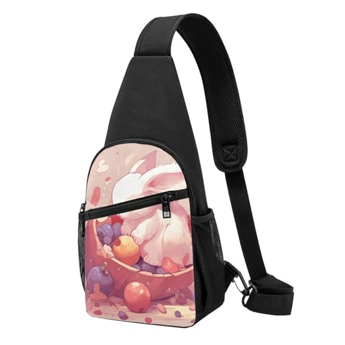 Schultertasche für Damen und Herren, trendiger Sling-Bakpack, lässige Brusttasche, violette Blumen, Bauchtasche für Reisen, Wandern, Hase isst Obst, Einheitsgröße von RLDOBOFE