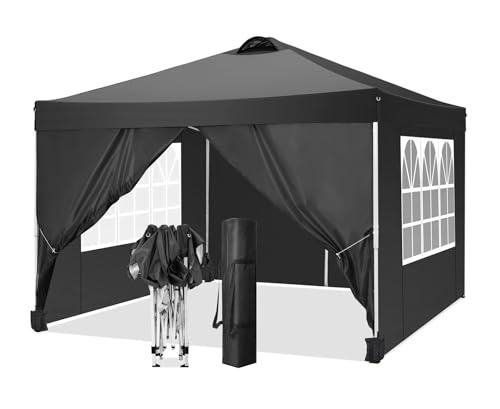 Eisfischerzelt 10 x 10 Fuß großes Pop-up-Überdachungszelt mit 4 Seitenwänden, wasserdichter Outdoor-Sonnenschutz mit Lüftungsschlitzen, sofort tragbarer Campingzelt(Black) von RLVYTA