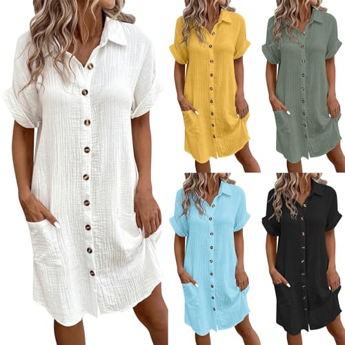 Hemdblusenkleid Damen Revers Einfarbig Hemdkleid mit Knopfleiste Kurzarm Blusenkleid mit Taschen Locker Shirtkleid Oversized Tshirt Kleid Knielang Sommerkleid Leichte Bequeme Musselin Kleid von RMBLYfeiye