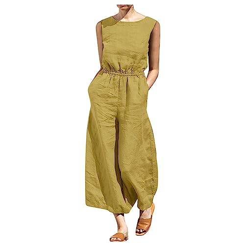 Jumpsuit Damen Lang Rundhals Ärmellos Baumwoll Leinen Jumpsuit Weite Bein Latzhose Mit Taschen Lose Sommer Overall Elegant Atmungsaktiv Leinenhose Latzhose Damen Oversize Jumpsuit Große Größen von RMBLYfeiye