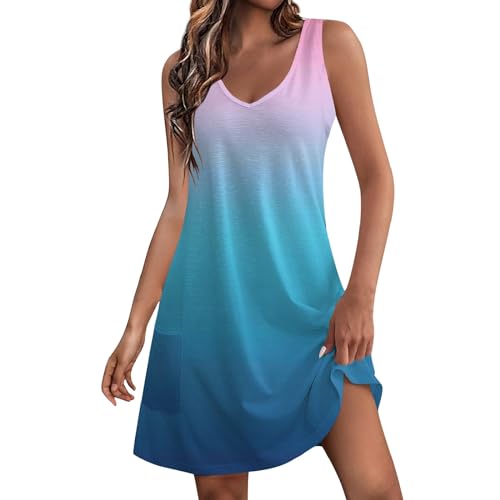 Kleider Damen Sommer Sexy, Kleid A Linie Sommer Reifrock Brautkleid Kurz Musterdruck Ärmelloser Sommerkleid V-Ausschnitt Lässig Blusenkleid Mit Taschen Damen Sommerkleider Rock Damen Lang(Blau,L) von RMBLYfeiye