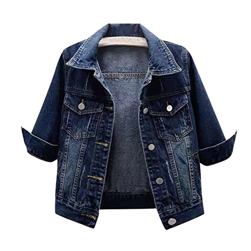 Kuscheljacke Damen Flauschig Weiße Jacke Damen Glitzer Oberteile Damen Reverskragen Einfarbiges Druckknopf 3/4 Ärmel Denim Cardigan Elegant Jeans Boleros Mit Brusttasche Daunenjacke (Dunkelblau, M) von RMBLYfeiye