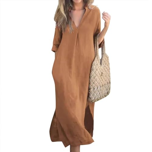Meine Bestellungen Abendkleid Lang Elegant Für Hochzeit Sommerkleid Damen Kurz Hochzeitskleider Für Gäste Baumwoll Leinen Einfarbiges Sommerkleid 3/4 Arm V-Ausschnitt Maxikleid Damenkleider (Khaki, L) Meine Bestellungen Abendkleid Lang Elegant Für Hochzeit Sommerkleid Damen Kurz Hochzeitskleider Für Gäste Baumwoll Leinen Einfarbiges Sommerkleid 3/4 Arm V-Ausschnitt Maxikleid Damenkleider (Khaki, L) von RMBLYfeiye