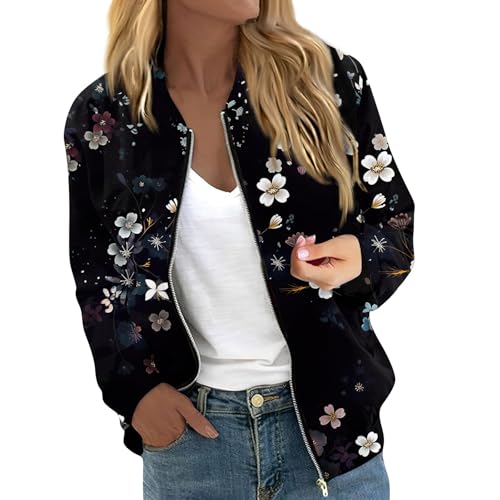 Meine Bestellungen Anzeigen 2024 Regenjacken Für Damen Damen Jacke Sommer Jeansjacke Damen Weiß Damen Bomberjacke Blumenmuster Fliegerjacke Mit Reißverschluss Leichte Steppjacke (Schwarz, M) von RMBLYfeiye