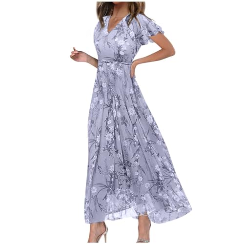 Meine Bestellungen Anzeigen Damen Kleider Sommer Vintage Kleider Damen Sommerkleider Knielang V-Ausschnitt Blumen Bedruckt Chiffon Kleid Rüschenärmel Sommerkleid Kleid Lederimitat (Lila, Xl) von RMBLYfeiye