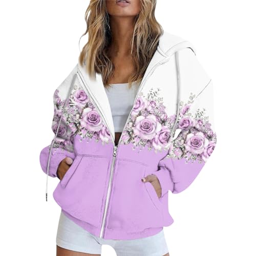 Meine Bestellungen Oversize Hoodie Damen Pullover Damen Elegant Langarmshirt Damen Baumwolle Musterdruck Hoodie Jacke Frauen Oversize Hoodie Mit Taschen Kapuzenpullover Damen (Light Purple, M) von RMBLYfeiye