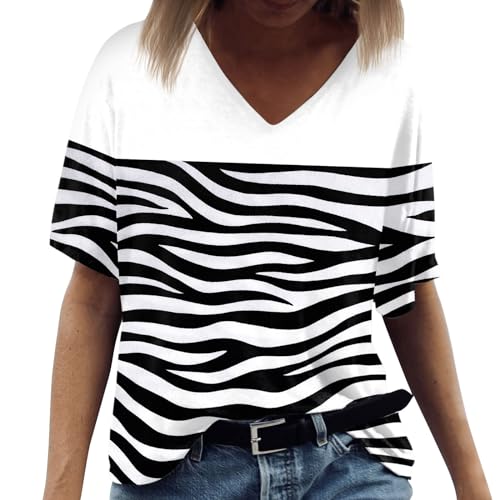 Musselin Bluse Damen Longbluse Damen Lässig Für Leggings Stilltops Damen Zebra Druck T Shirt V-Ausschnitt Kurzarm Casual Aesthetic Shirt Sommer Oberteile Tshirt Bedrucken Blusen Damen (Schwarz, Xl) von RMBLYfeiye