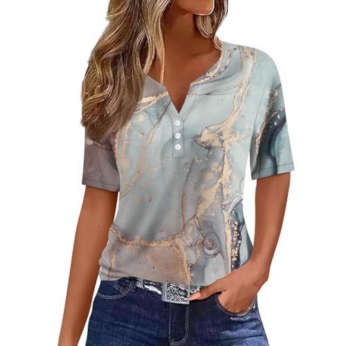 Oversize Shirt Damen Blumenmuster Kurzarm T Shirt V-Ausschnitt Henley Shirt Mit Knopfleiste Casual Trainingsshirt Sommer Oberteile Ausgefallene Bluse Frauen Regular Fit Musselin Bluse Locker Laufshirt von RMBLYfeiye